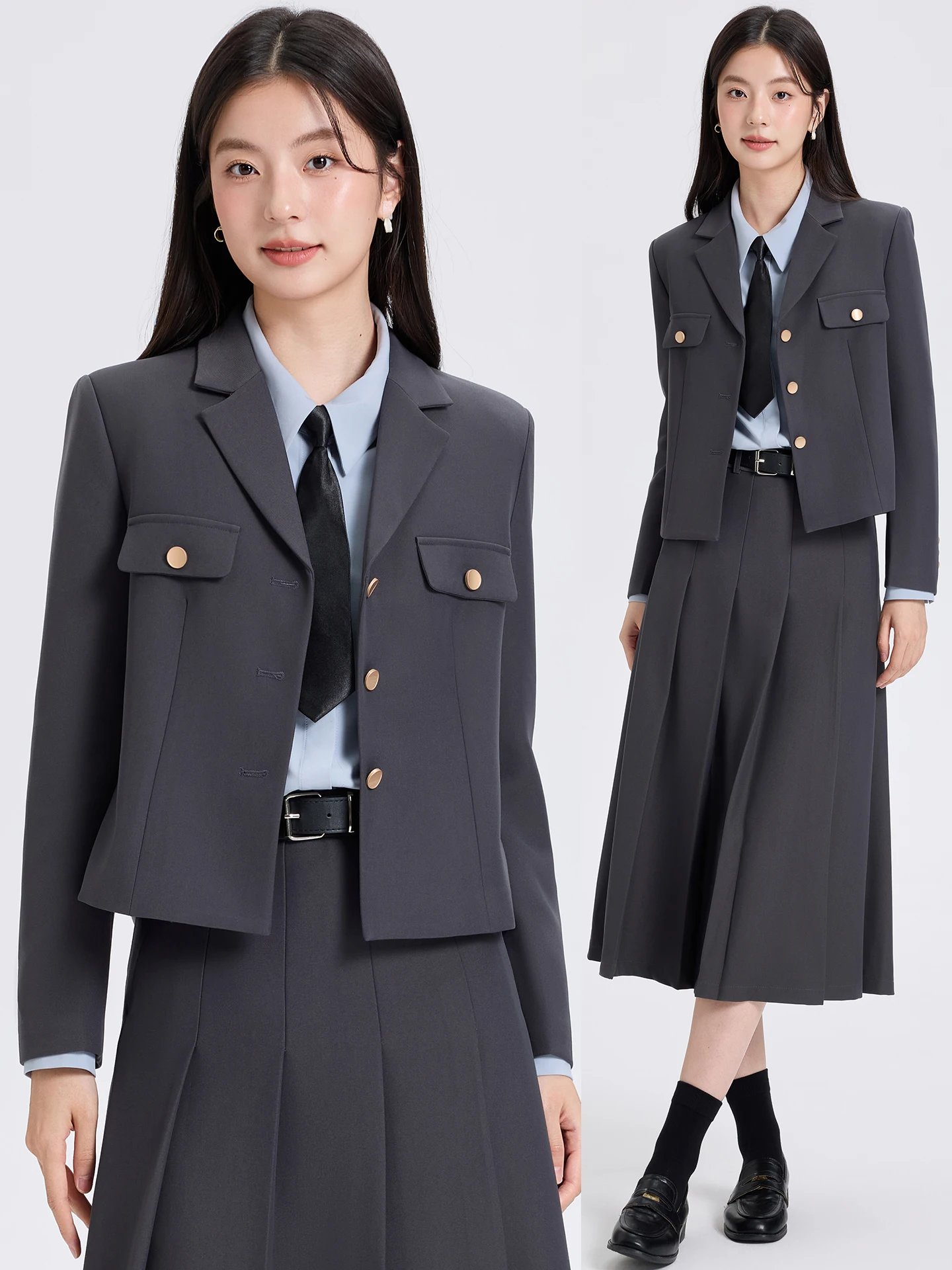 Gray Suit Set Women's Spring Autumn Short Commute Professional Workwear Interview Formal Outfit Button Pocket Detail