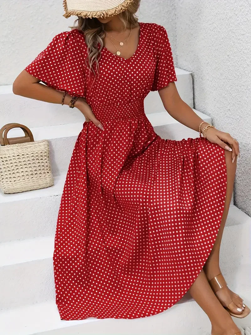 QX Dress V-neck Polyester-free Long Dress Polka Dot Basic Dress Evening Dress Elastic Waist Japanese And Korean Casual