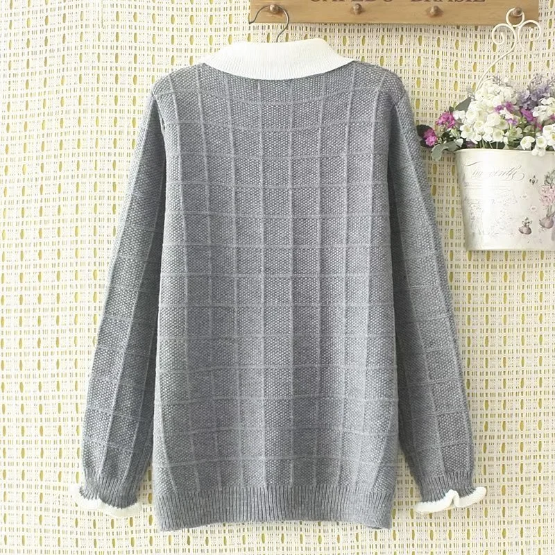 Suéter a cuadros de Jacquard de Color contrastante para mujer, Otoño Invierno, empalme de solapa, moda informal coreana, Jersey de punto suelto, Tops