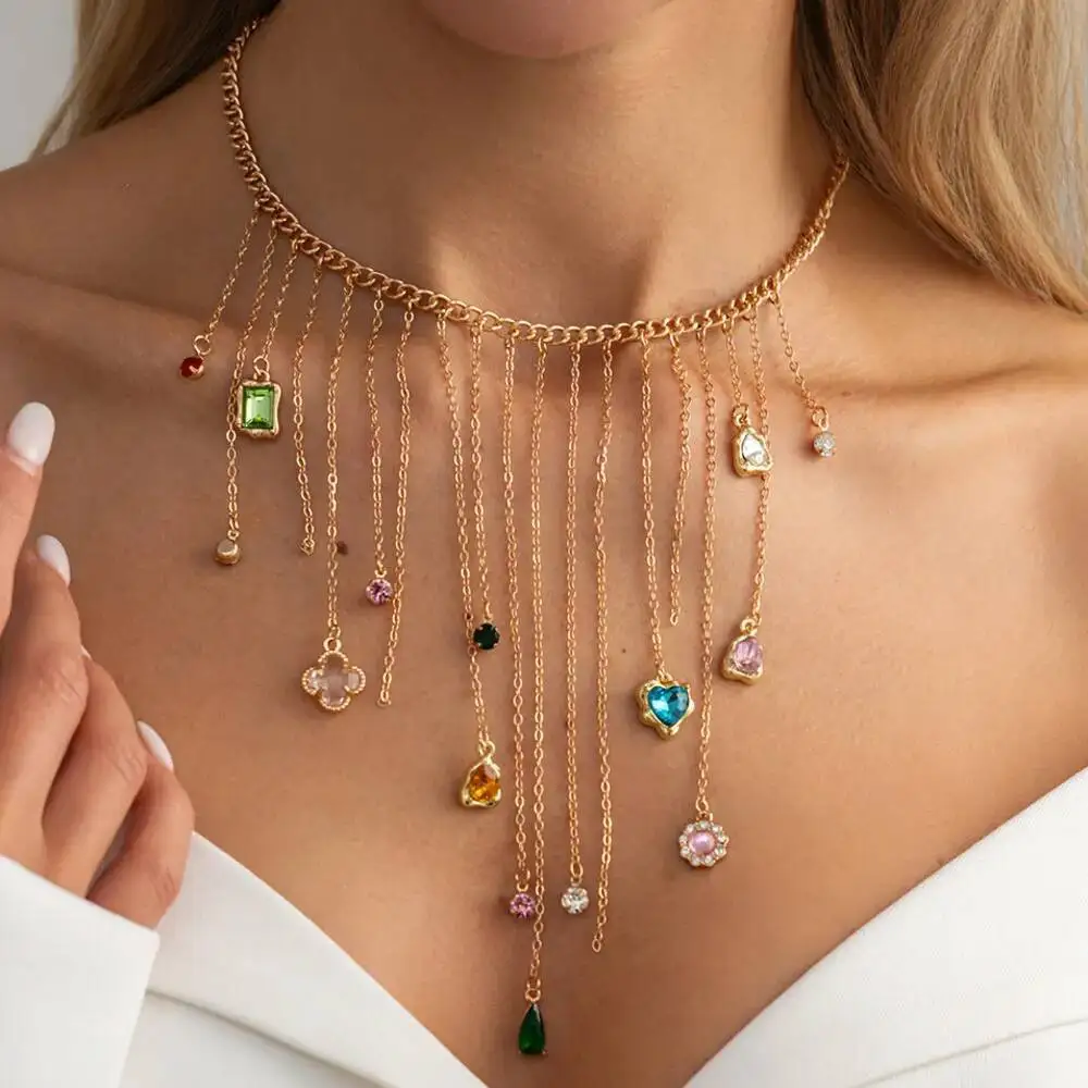 SHIXIN Exquisite Colorful Heart Acrylic Rhinestone Tassel Pendant Necklace Women Charm Clavicle Chain Fashion Jewelry Accessory