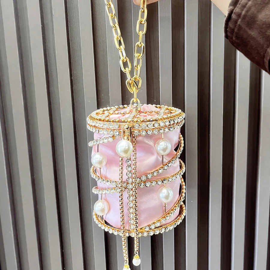 

Luxury Metal Cylindrical Crystal Hollow Out Clutch Purse Prom Sparkly Banquet Handbag Bride Wedding Party Evening Bag Sac A Main