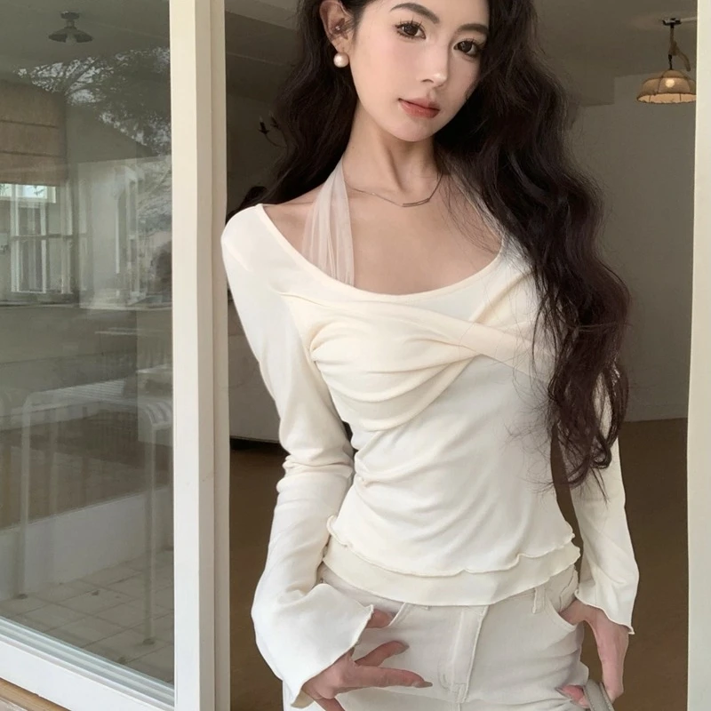 Spring New Splicing Mesh T-shirts Women Fake Two Pieces O-neck Long Sleeve Solid Color Office Lady Sweet Daily Short Tops Female