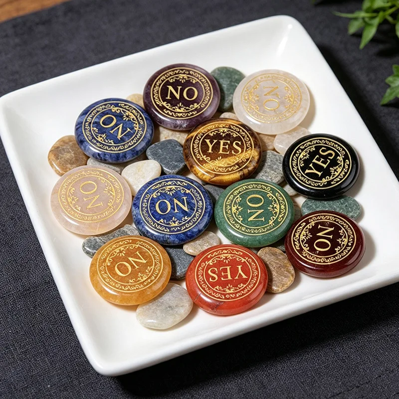 Wishing Stone Dual Side YES or NO Round Crystal Golden Engraved Decision Coin Natural Agate Fun Game Gemstone Prop Decor Gifts