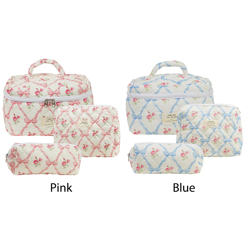 

3Pcs Makeup Bag Set Cosmetic Organizer Bag Large Capacity Quilted Coquette Toiletry Bag Aesthetic Cotton for Travel Vacation