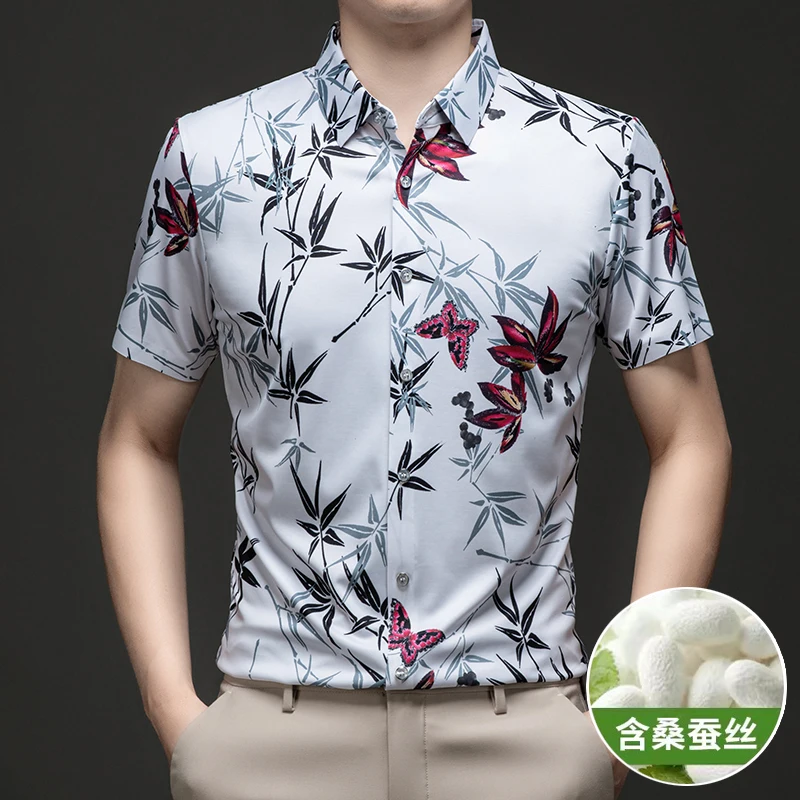 

High Quality Men's Mulberry Silk Printing Clothes 2024 Summer Fashion Flowers Printed Shirts Male Short Sleeve Floral Shirts