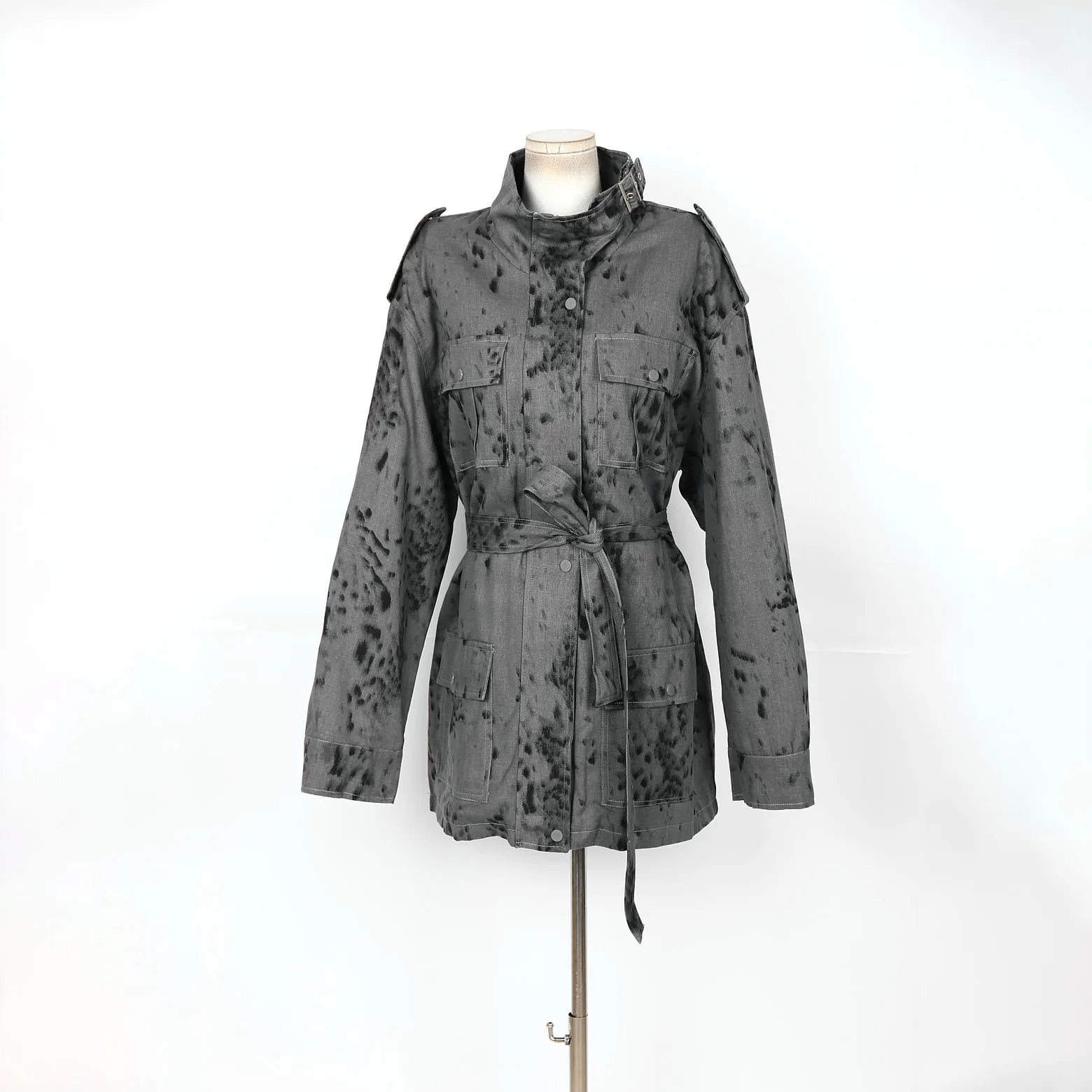 

Весна 2024, женская серая куртка-карго с поясом на талии, несколько карманов, воротник-стойка, модная верхняя одежда с длинными рукавами