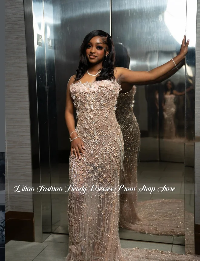 Customzied Gorgeous Champagne Strapless Wedding Dress Luxurious Gemstone Sheer Mermaid Evening Gown Black Gitl's Bride Gown 2026