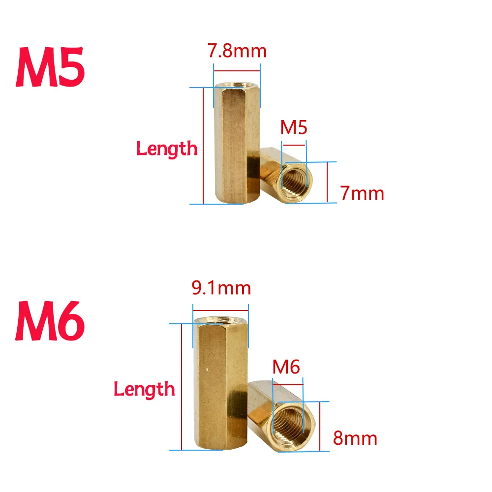 Hex Female Motherboard Standoffs M5 M6 Threaded Brass Board Rack Spacing Screws Bolts PCB Supports Spacers Pillars Columns