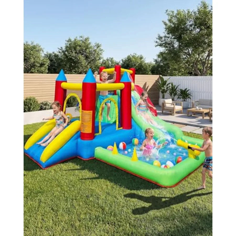 

9-in-1 Bounce House for Ages 36 with Water Slide in Blue Inflatable Bouncy Castle with Trampoline Climbing Wall Ball Pit Play C