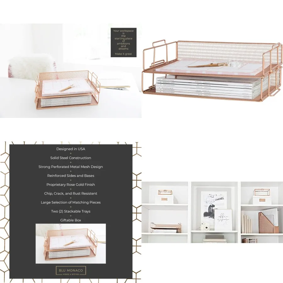 مجموعة صينية ورق شبكية باللون الذهبي الوردي مكونة من صينية حروف قابلة للتكديس للمكتب المنزلي والمدرسة ومنظم مكتب معدني متين مع أنيق #1