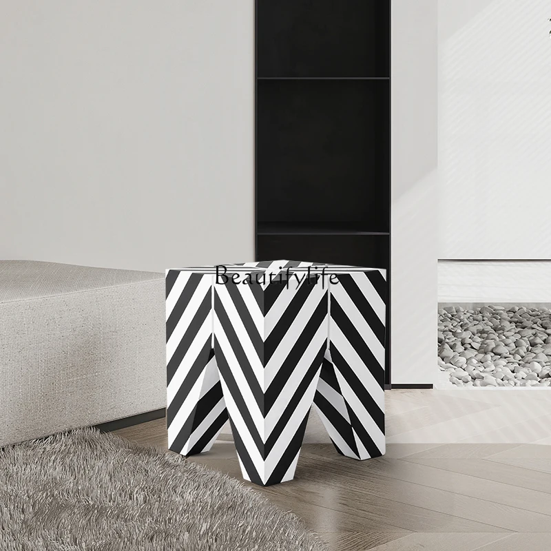 

Nordic black and white striped log stool home living room coffee table creative solid wood shoe change decoration low stool