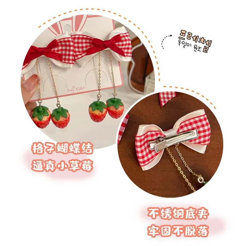 Red Cherry Cloth Bow Hair Clip Sweet Girl Double Layer Lace Strawberry Side Barrettes Lolita Headdress