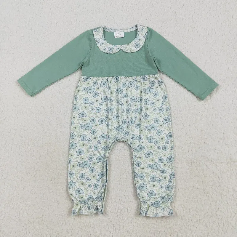 Fall new girls rompers wholesale boutique flower pattern teal long sleeve jumpsuit