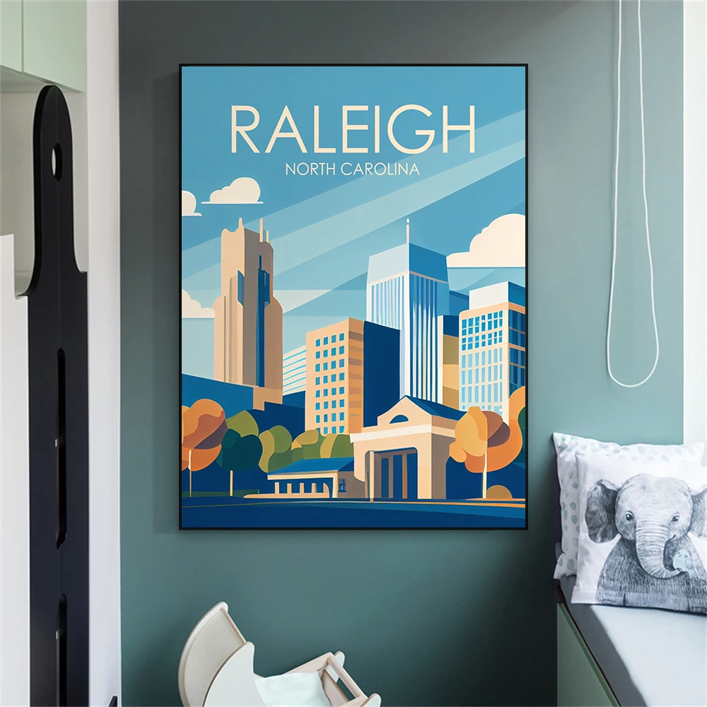 Retro Art Landscape Poster Raleigh North Carolina Prints Vintage Minimal Design Prints Canvas Painting City Scenes Bedroom Decor