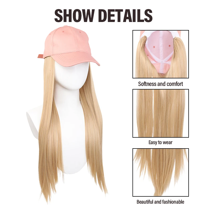 Immagine 6: Parrucca alla moda con berretto da baseball rosa e capelli lunghi biondi sintetici – Leggera, comoda e pronta all'uso in qualsiasi momento