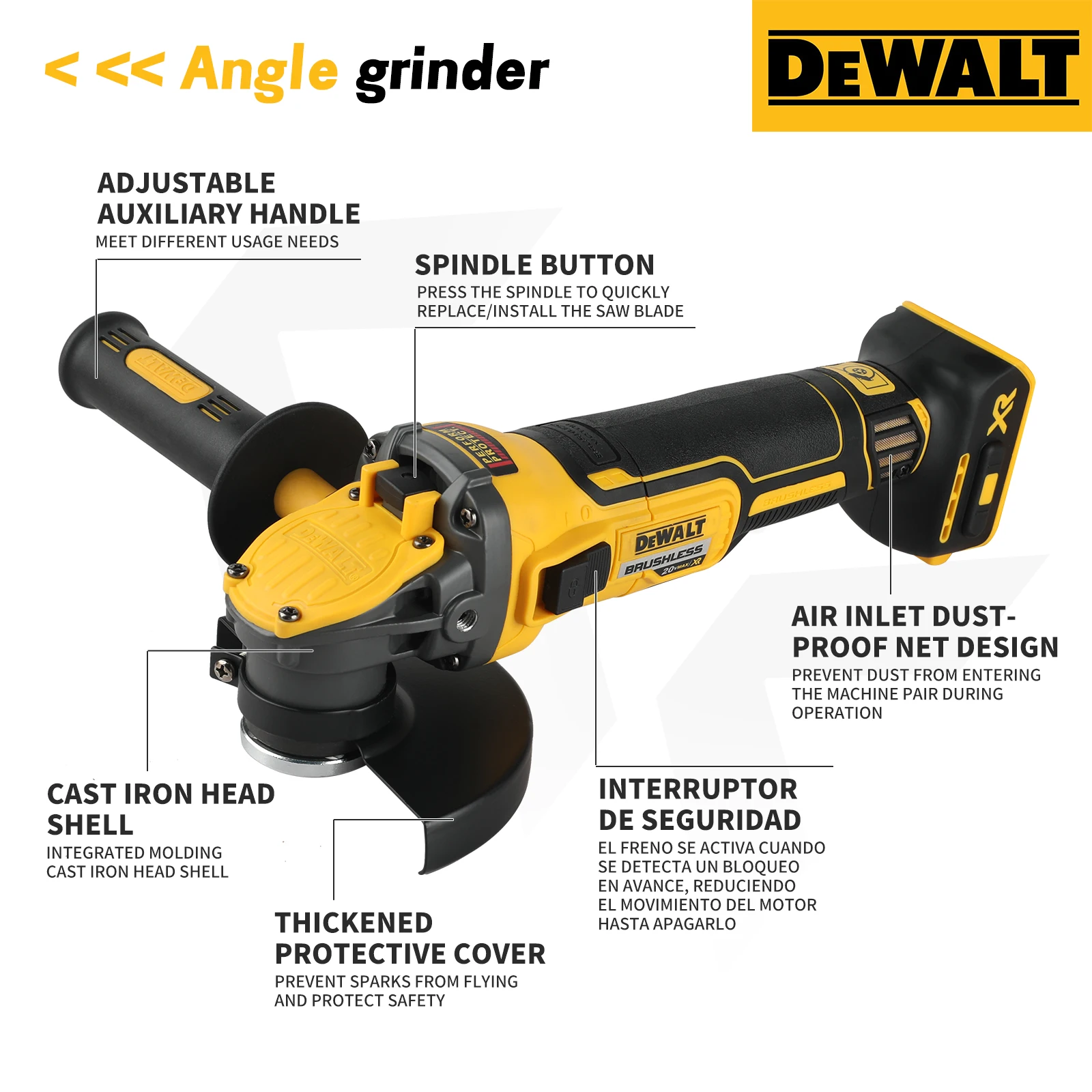 DEWALT DCG409 20V Brushless Angle Grinder 125mm Wheel 9000RPM Multi-position Handle Metal Cutting Tile Polishing Power tools