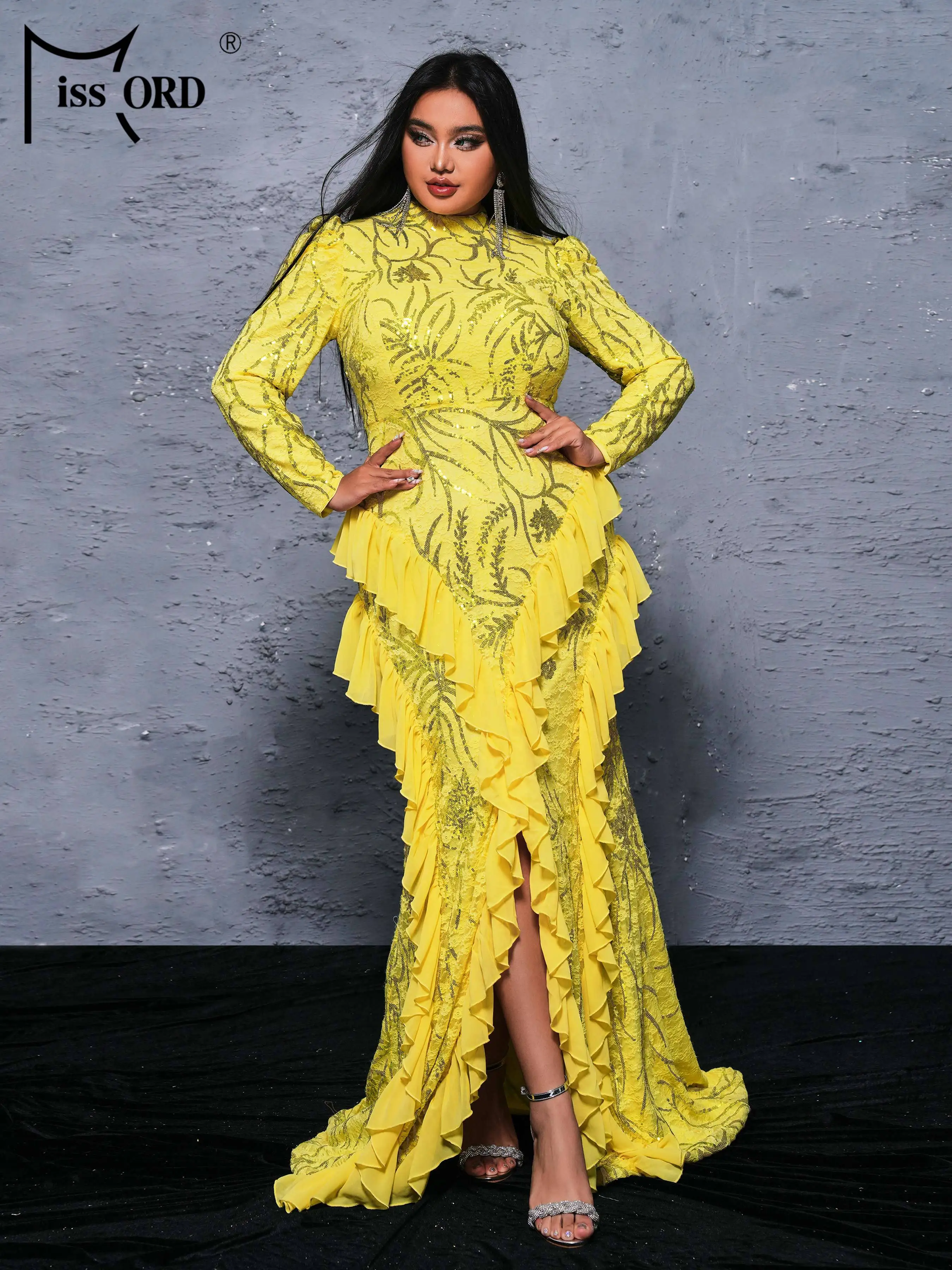 Missord 2024 Plus Size Yellow High Neck Long Sleeved Ruffled Wedding Birthday Party Evening Large Evening Dress