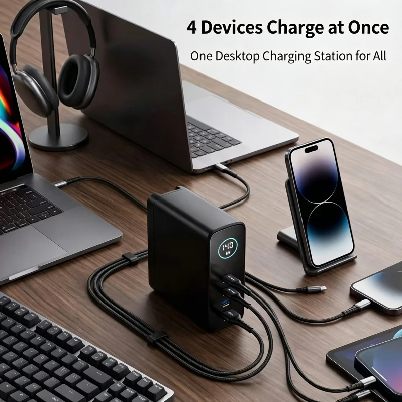 140W Smart Charger with TFT Digital Display 3 * USB-C, 1 * USB-A GaN Fast Charger PD3.1 Desktop Multi-Port Power Station