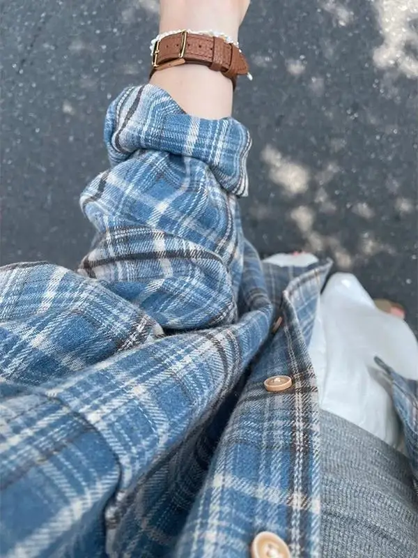 

plus Size Women's Vintage Blue Plaid Shirt Loose Casual Long Sleeve Spring Outerwear Korean Style Commute Fashion