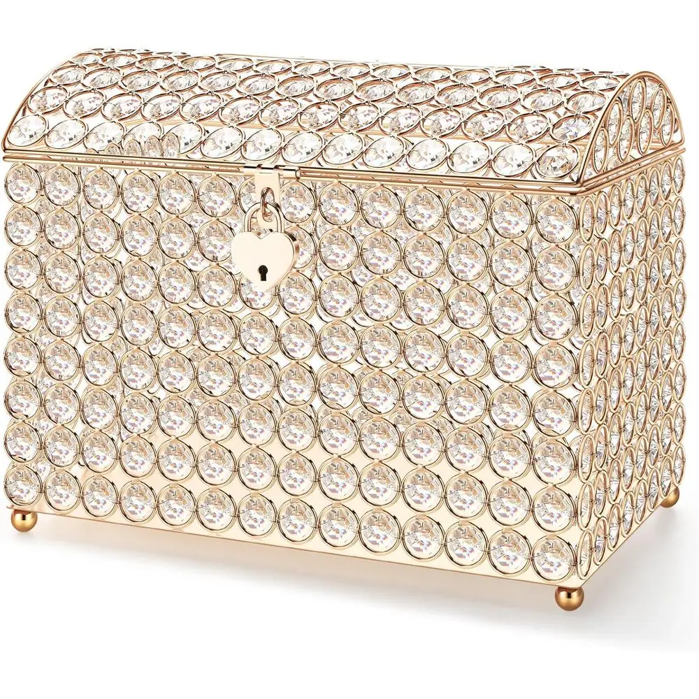 

Elegant 11 Crystal Wedding Card Box with Heart Lock, Gold Bead Chain, for Money, Cards, and Keepsakes at Celebrations
