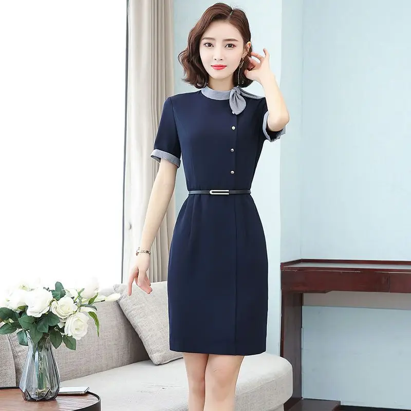 New Stylish And Elegant Slim-fit Navy Blue Dress For Women Suitable For Beauty Salons Hotel Front Desks Preschool Teachers Sets