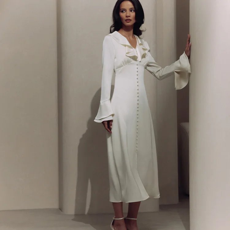 

Women New High Waist Dress Fashion V-neck Flared Sleeves Single-breasted Slim Slit Long Sleeve Dress 2026 Femme Party Long Dress