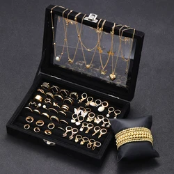 65Pcs/Set Vintage Boho Earring Ring Necklace Bracelet Set For Women Fashion Gold Color Butterfly Star Heart Pearl Zircon Jewelry