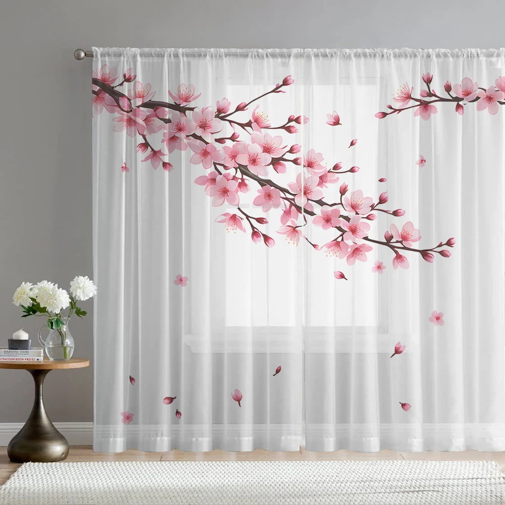 2PCS Home decoration peach blossom printed window screens with pole bags, suitable for kitchens, cafes, and living rooms