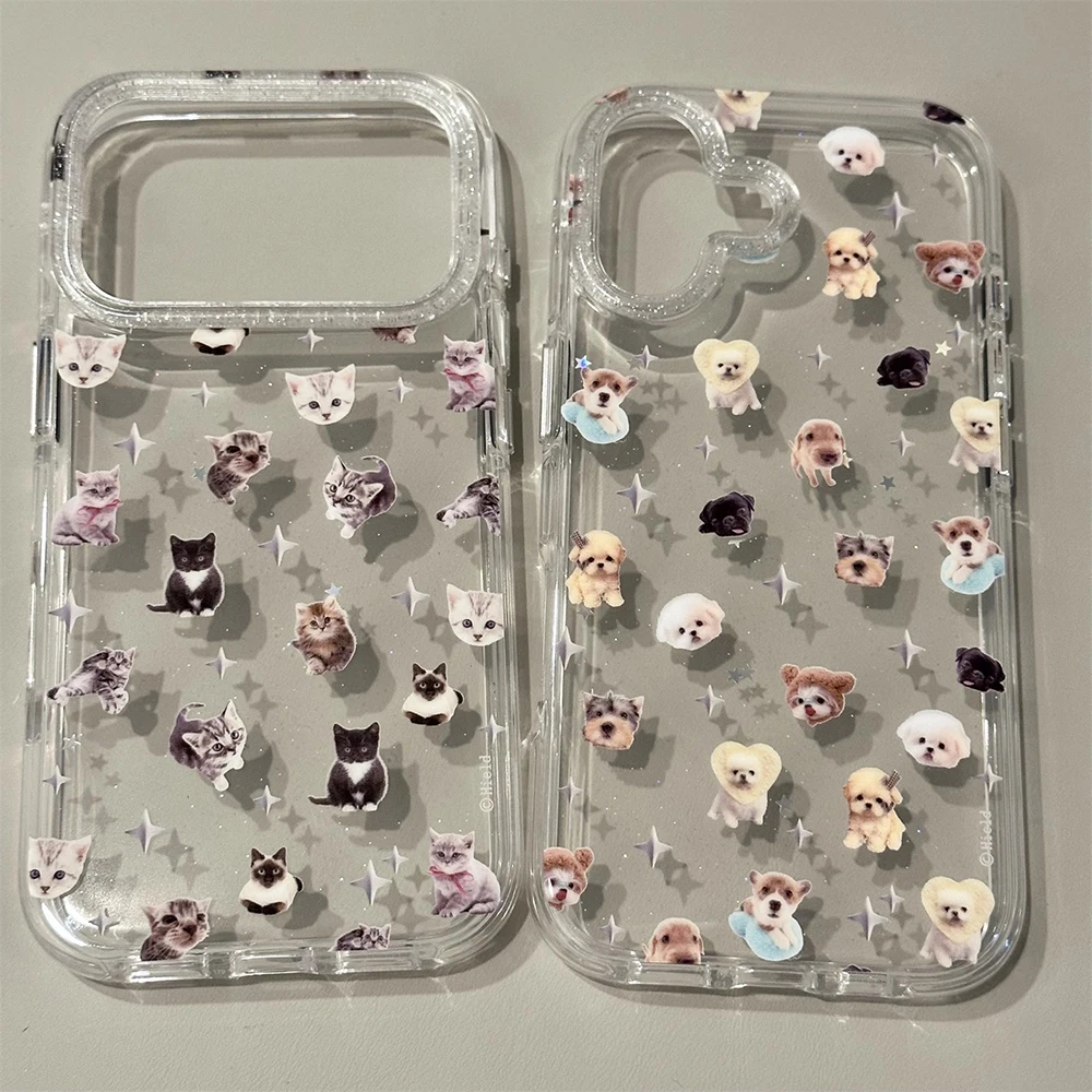 Niedliche Welpen-Cartoon-Kätzchen-Glitzer-Sternen-Transparente Hülle für iPhone 16 17Pro 13 14 15 18 Promax Stoßfeste Schutzhülle – Detail 4