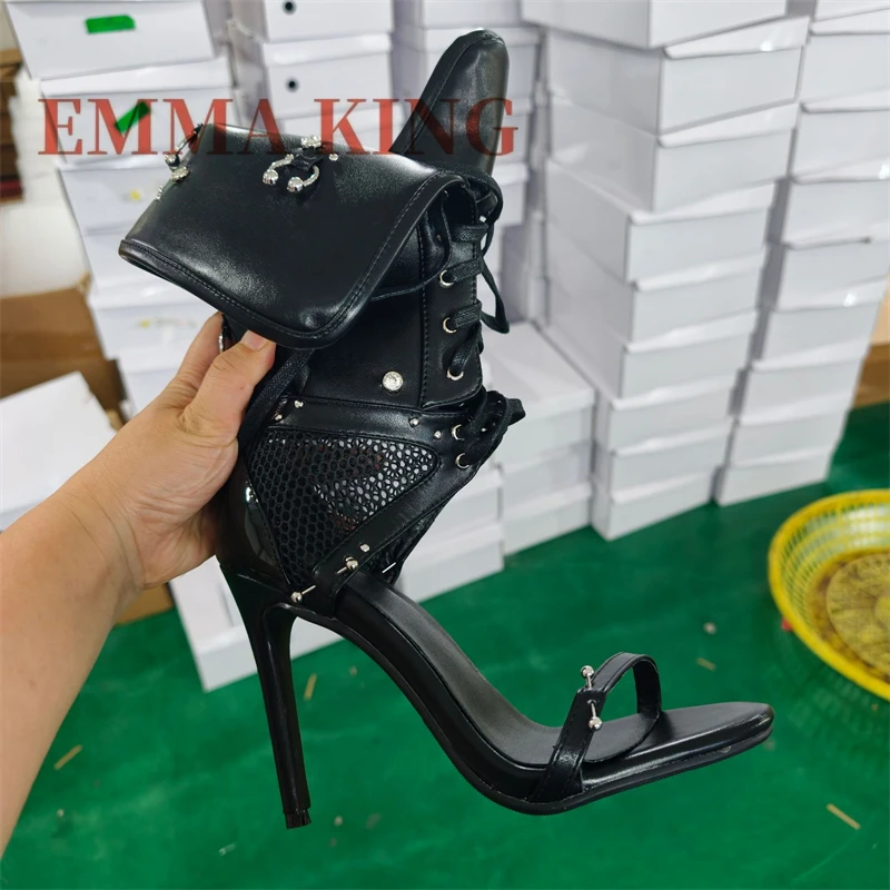 Green Fold Over Ankle High Sandals Women Cutout Mesh Stiletto Heels, Lace Up Open Toe Strap Boot Sandals,Fashion Designer Shoes view 6