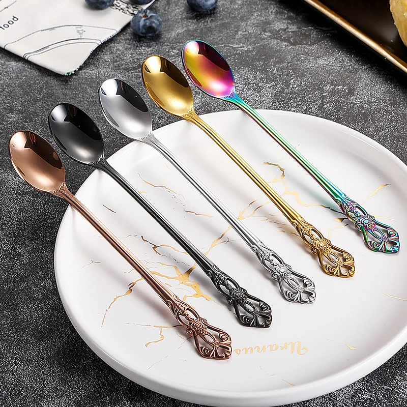 Retro Coffee Spoon Creative Long Handle Stainless Steel Ice Spoon Stirring Spoon Ice Cream Dessert Spoon Kitchen Accessories