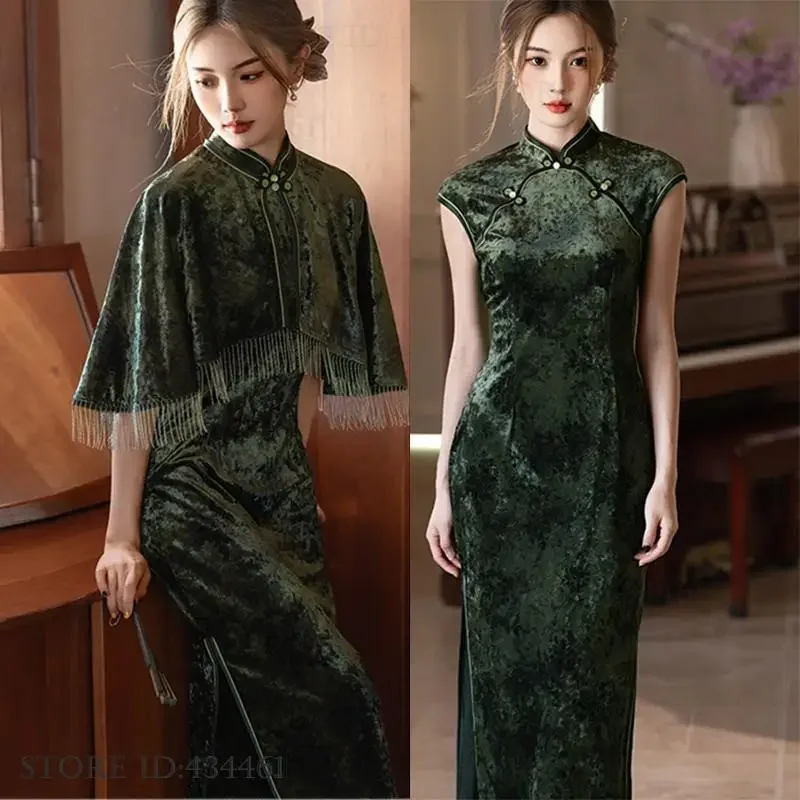 الكلاسيكية الأنيقة التقليدية شيونغسام الخريف الشتاء القطيفة طويلة تشيباو شال مجموعة فستان الحفلات المسائية مثير سبليت فساتين الصينية