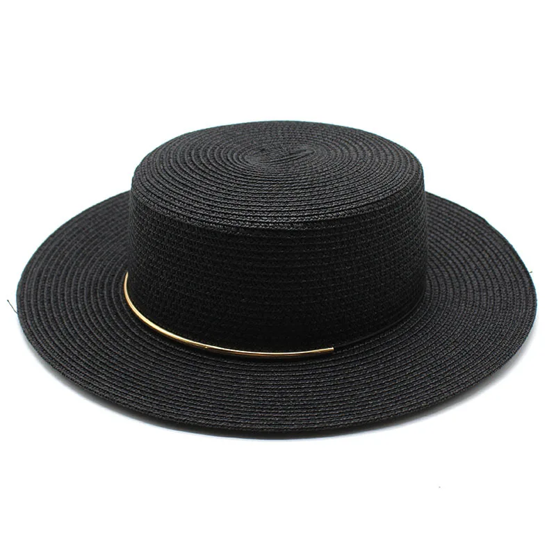 Summer Women Sun Hats Straw Caps 56-58cm Flat Brim Topper Hat Simple Thin Strap Travel Beach French Style TY0225