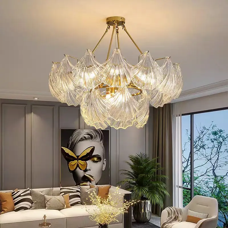 

Art Glass Shell Chandelier Retro Luxury girl's room Light Dining Room Bedroom Living Room ceiling Pearl Crystal hanging lamp