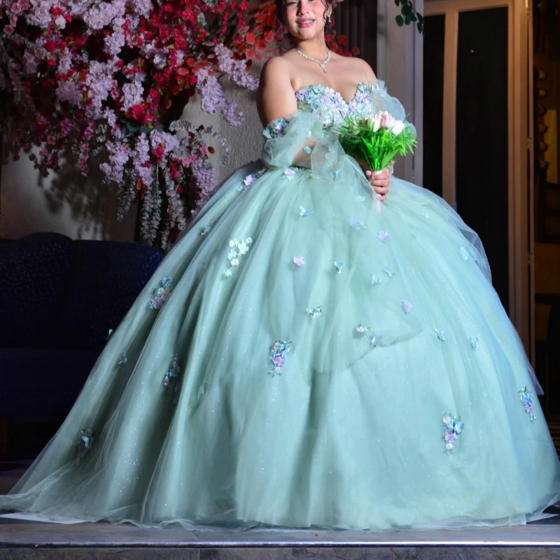 

Green Shiny Quinceanera Dresses Off The Shoulder Applique Lace Beading Tull Corset Party Birthday Sweet 16 Dress Vestidos 15 De