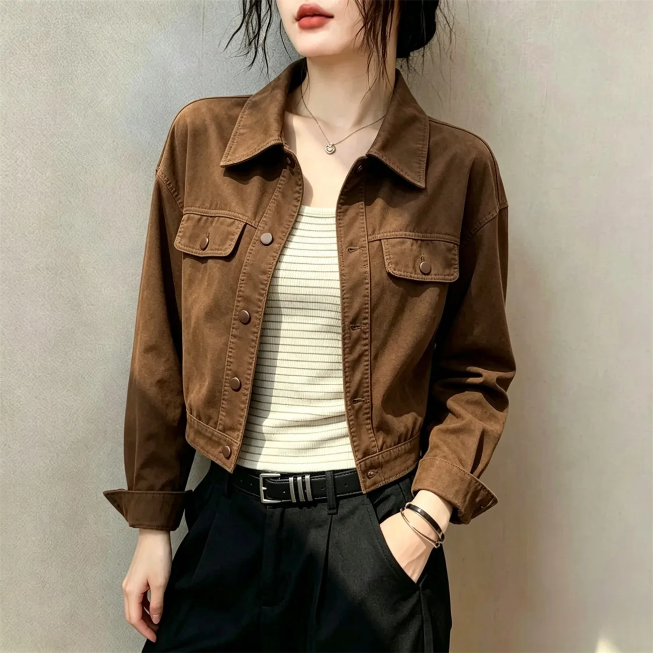 Korean Style Chic Women's Loose Long Sleeve Collared Short Jacket Autumn Winter Fashion Casual Top Windproof Straight Hem