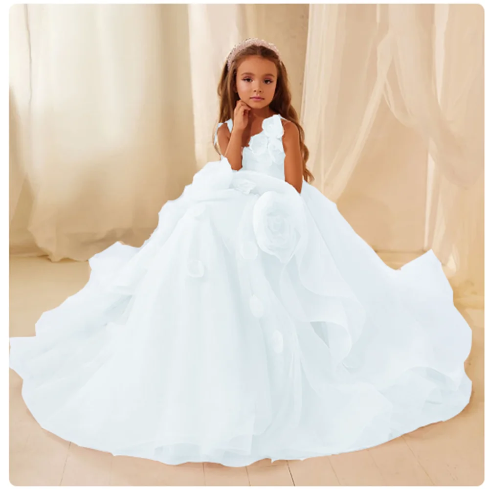 White Birthday Flower Girl Dress For Wedding Puffy Tulle Applique  Party Baby Princess Dress First Communion Ball Gown