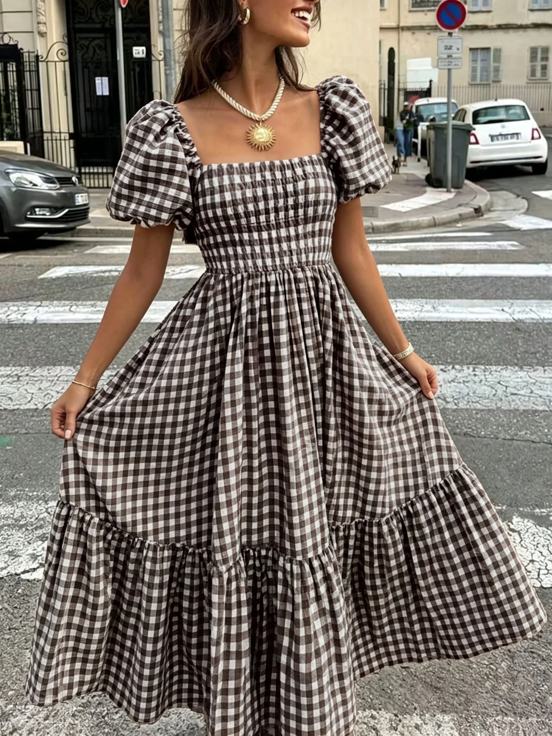 

Elegant Plaid Pleated Hem Casual Dress for Women, Perfect for Leisure Outing, Dates, Vacations, Coffee