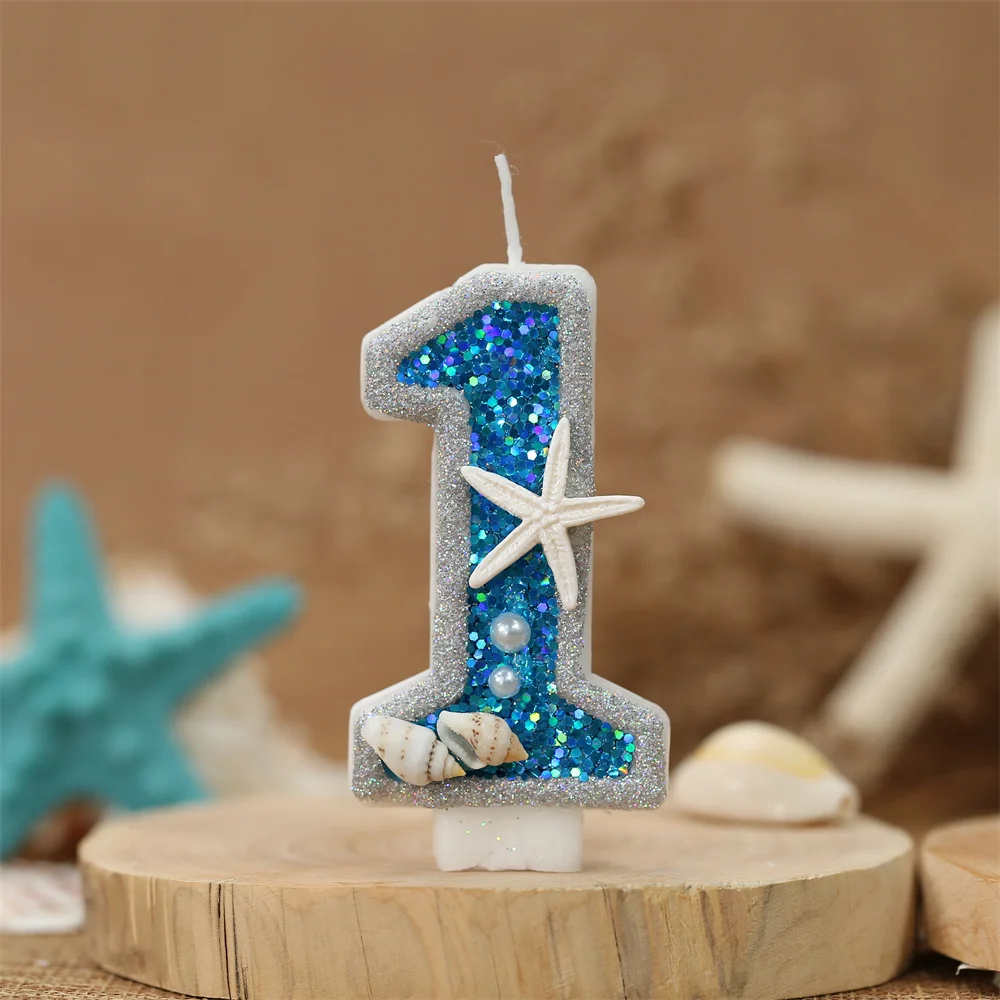 Blue Ocean Glitter Candle Cake Starfish Conch Pearl Girl Happy Baby Birthday Candles Cupcake Topper Dessert Baking Supplies Gift