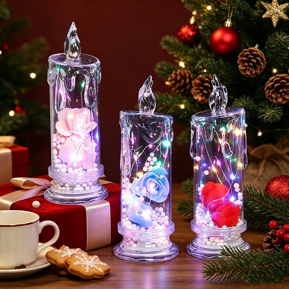 Christmas Rose LED Candle Lights Plastic Smoke-Free LED Roses Decorative Night Lights Battery-Powered Flameless LED Candles Lamp