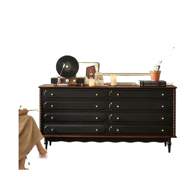 French retro style medieval solid wood eight-bucket cabinet, bedroom storage against the wall,  storage drawer cabinet