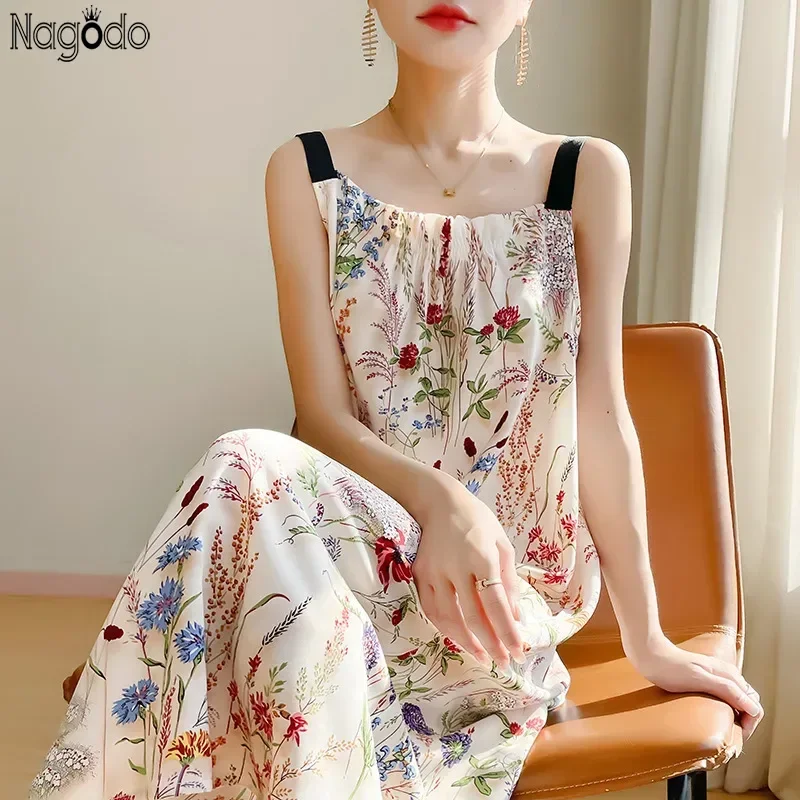 

2025 Summer High-waist Women Satin Dresses Backless Long Dress A-Line Ice Silk Slash Neck Sleeveless Lady Robe Sexy Print Dress