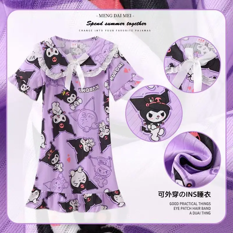 

Sanrio Girl Kawaii Night Dress Kuromi Children Cartoon Anime Home Wear Summer Princess Wind Loungewear Sweet Soft Nightgown New