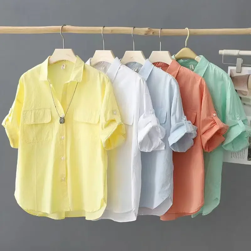 Cotton Short Sleeve Shirts&Blouses Solid Color Fashion Woman Blouse 2024 Korean Style Clothes Summer