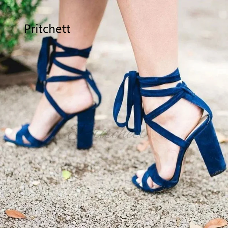 Midnight Blue Velvet Strappy Sandals for Women Chunky Heel Lace-Up Cross Strap High Heels Summer Shoes Party Dress Shoes
