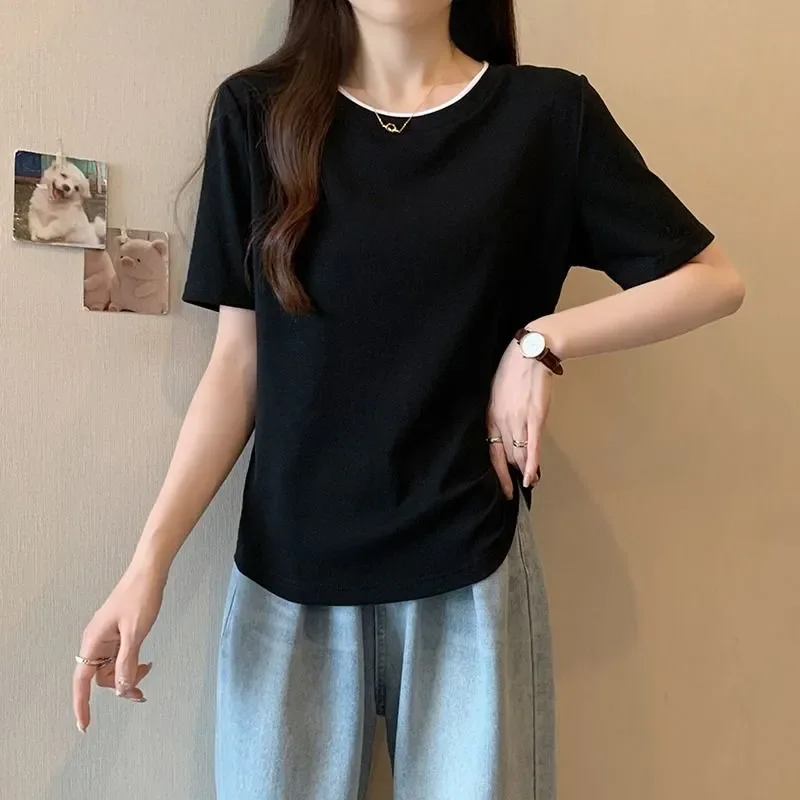

Женская летняя новая повседневная женская футболка для полных девочек, свободный корейский топ с короткими рукавами