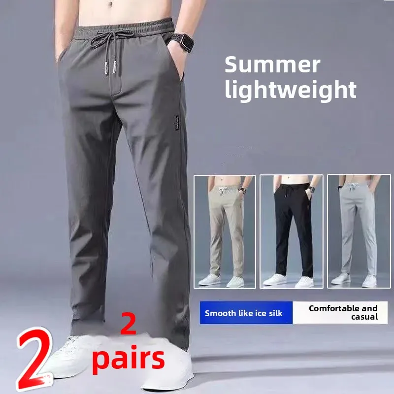 Men's Summer Ice Silk Casual Pants Elastic Thin Qui Dry Sports Long Pants Breathable Straight Leg Loose Fit Faion Urban Wear
