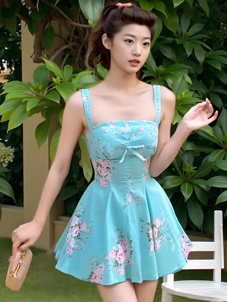 Français années 1950 Pastorale douce filles Mignon vintage vacances floral bleu sangle imprimé arc mode imprimé rencontres fête Robe dos nu