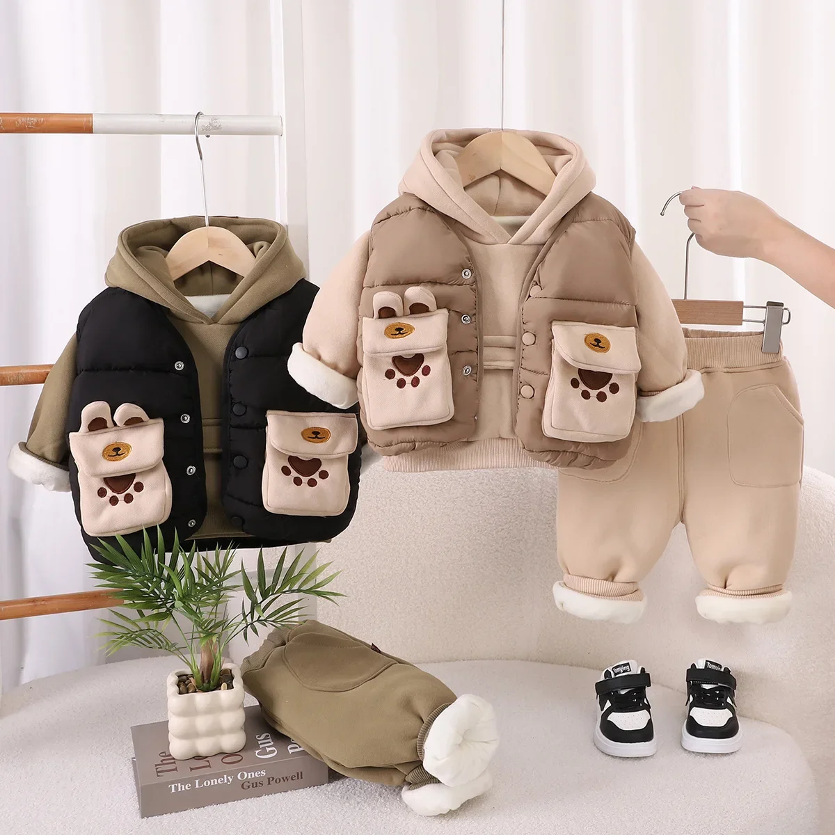 

Boys Thick Clothes Sets Winter Children Down Vest Hoodies Pants 3pcs Velvet Sweatshirts Suit For Baby Warm Outfit Kids Tracksuit