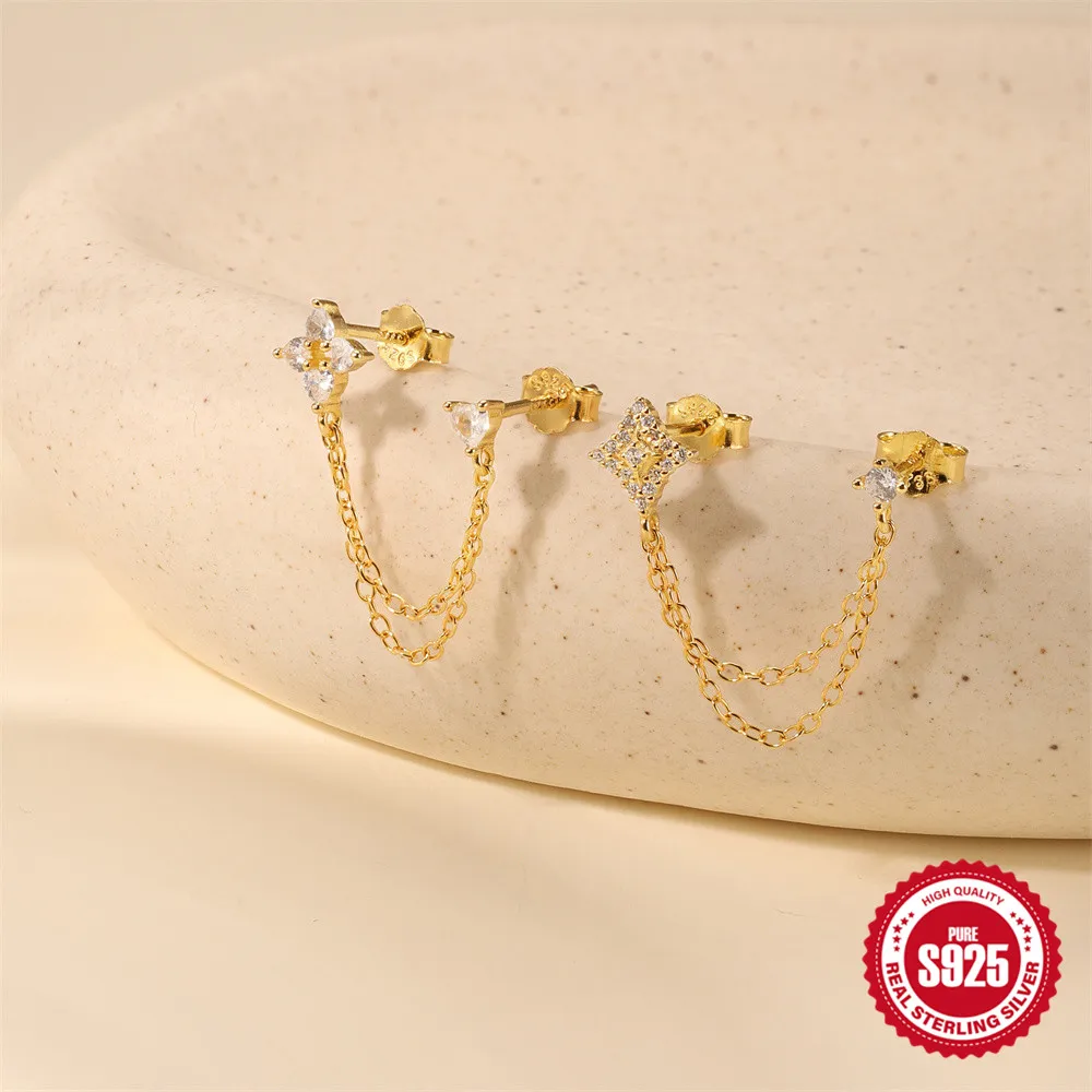 روكسي 925 فضة أربع نجوم مدببة/الحب الزركون الربط مزدوجة الأذن ثقب القرط للنساء الكلاسيكية غرامة مجوهرات